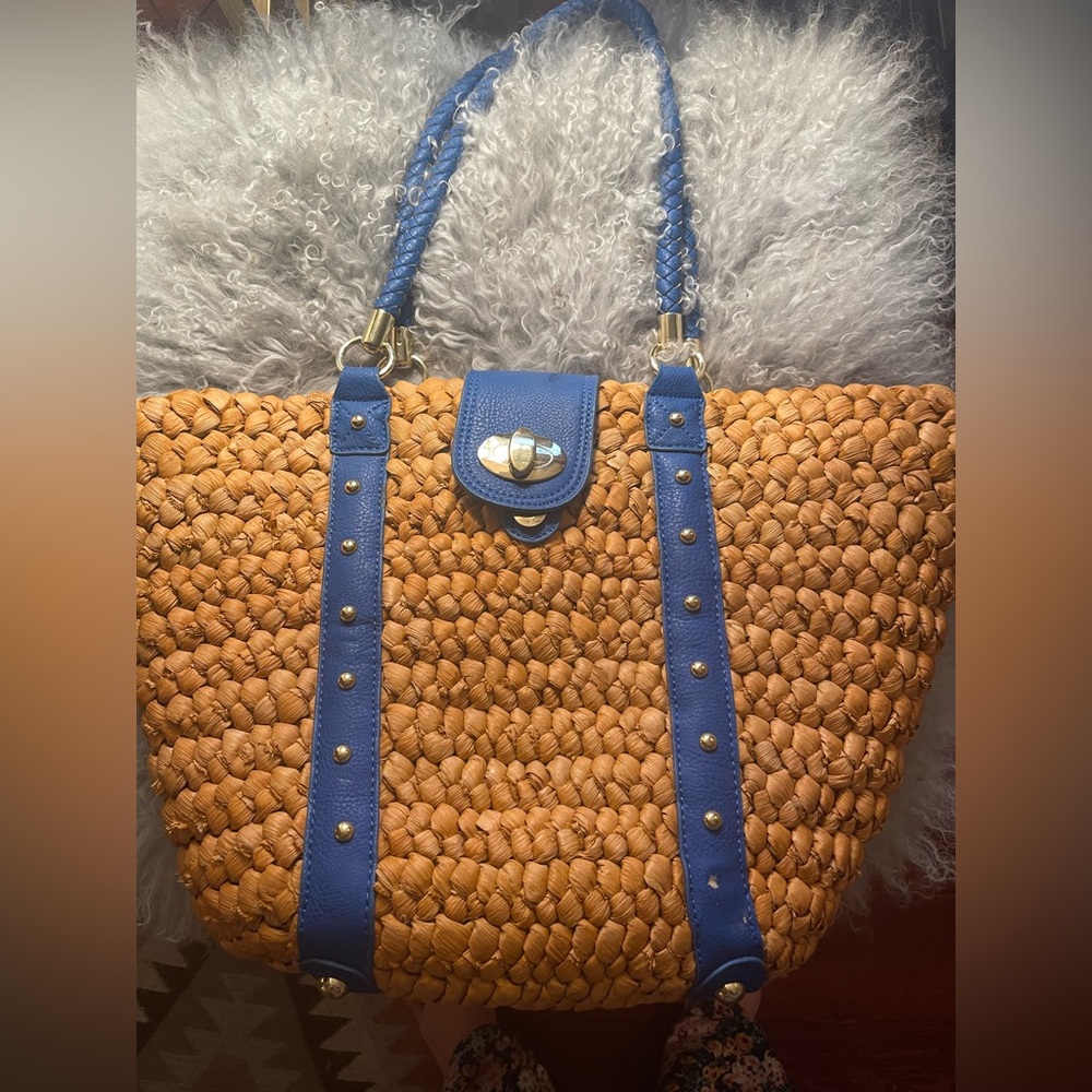 Kate Landry Blue and Gold Wicker Handbag